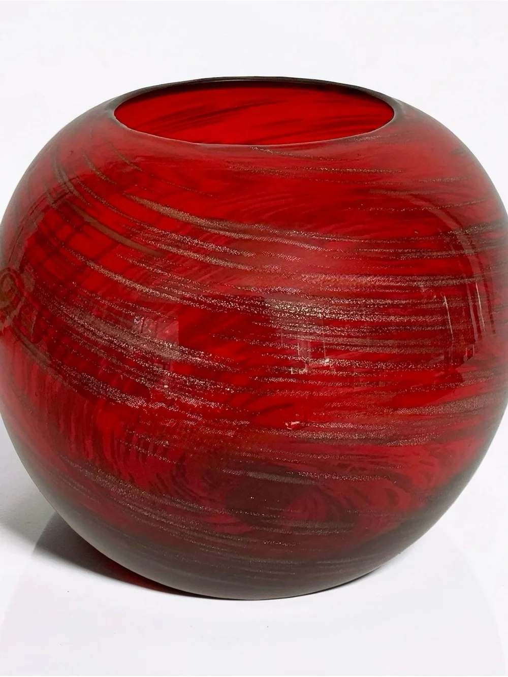 Red Glass Bubble Vase with Gold Swirl Hand Blown 6” Tall